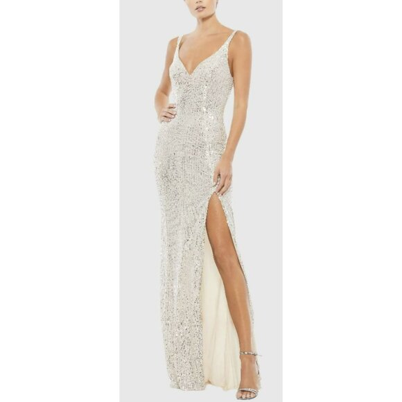 Mac Duggal Sequined Scoop Back Slit Formal Gown Maxi Dress 14 NWT - Picture 1 of 12